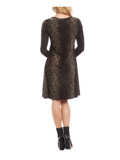 KAREN KANE Womens Brown Animal Print Long Sleeve Jewel Neck Above The Knee Fit + Flare Dress XS
