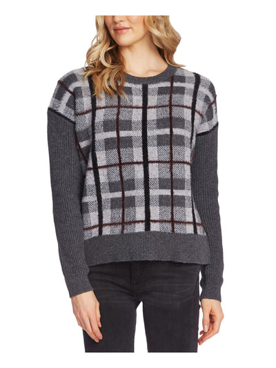 VINCE CAMUTO Womens Gray Ribbed Plaid Long Sleeve Crew Neck Sweater XS