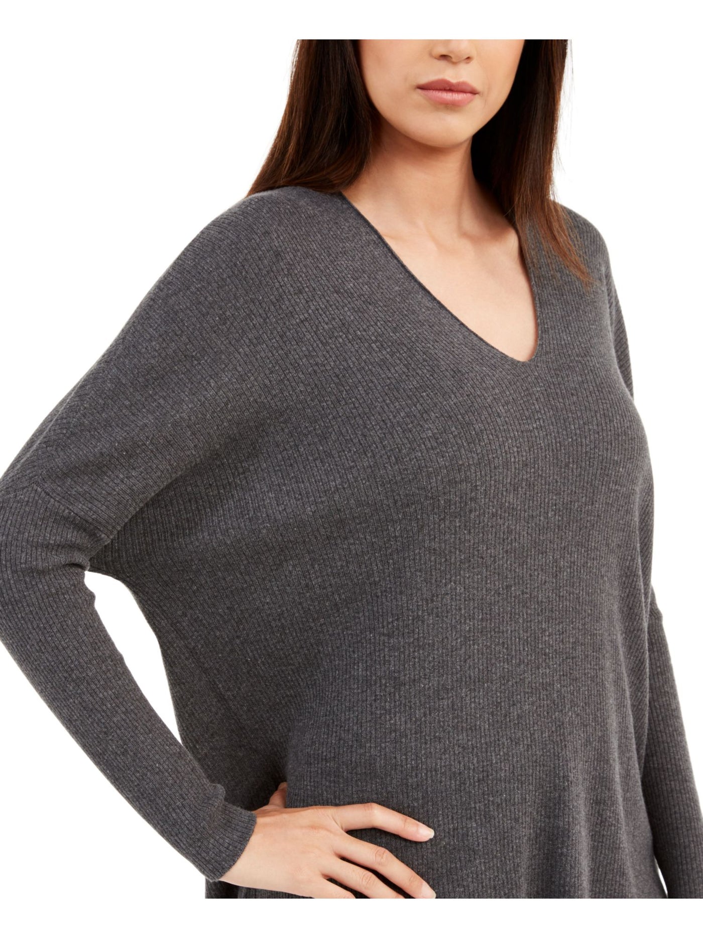 ANNE KLEIN Womens Gray Long Sleeve V Neck Top S\M