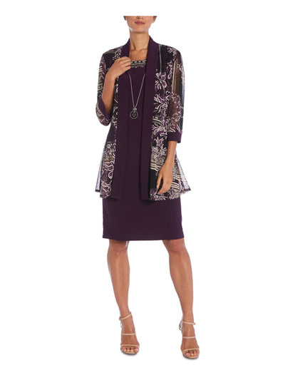 R&M RICHARDS Womens Purple Stretch Printed 3/4 Sleeve Wear To Work Duster Jacket Petites 4P