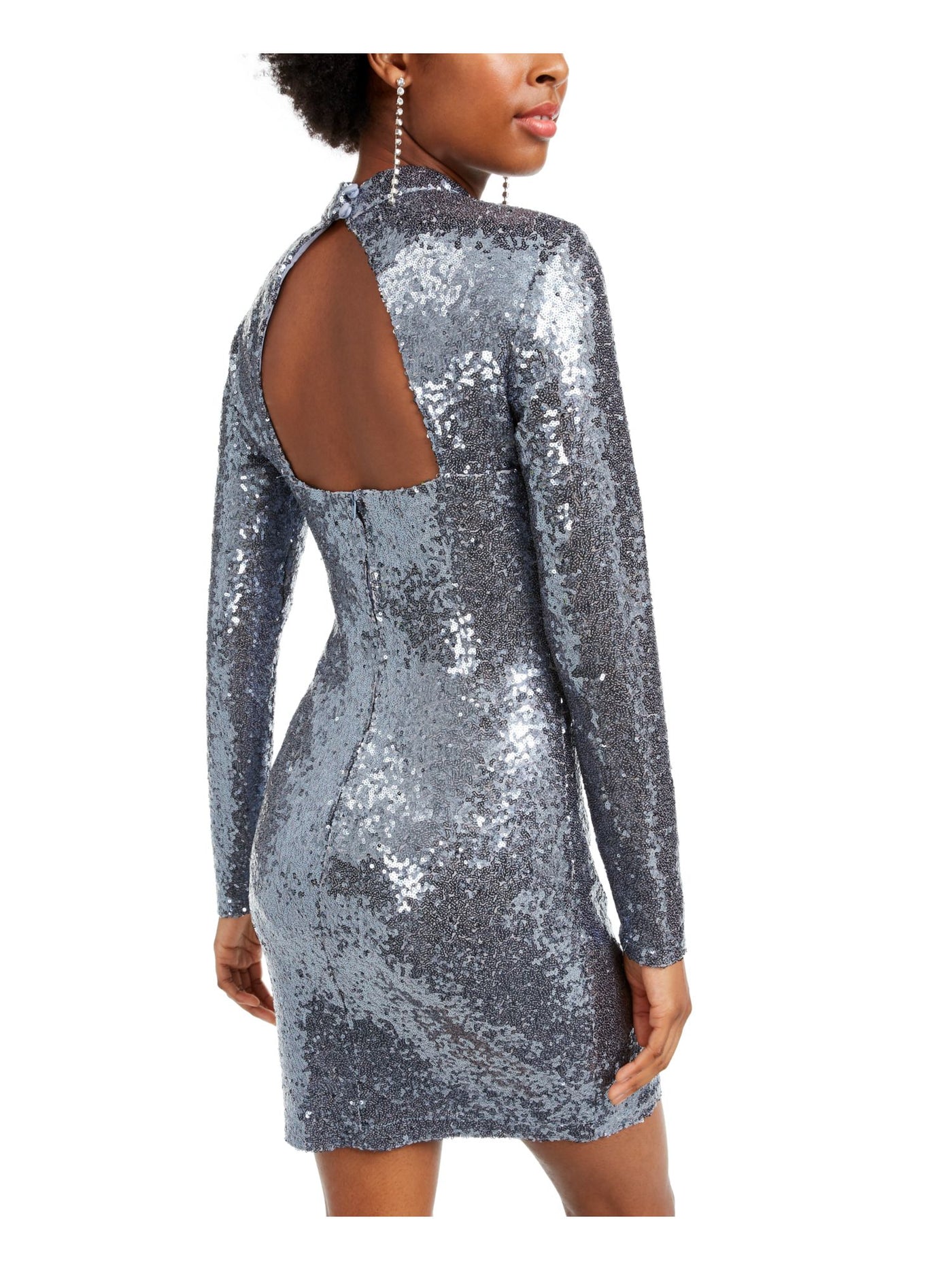 B DARLIN Womens Blue Sequined Cut Out Long Sleeve Mock Neck Short Cocktail Body Con Dress Juniors 13\14