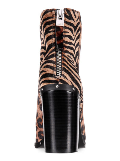 ALDO Womens Brown Animal Print Tiger Leopard Multi-Media Cushioned Studded Ibalenna Pointed Toe Block Heel Zip-Up Dress Booties 5 B