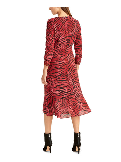 RACHEL ROY Womens Red Ruched Ruffled Animal Print 3/4 Sleeve V Neck Midi Party Sheath Dress 0