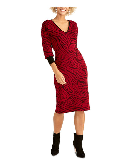 RACHEL ROY Womens Red Animal Print Long Sleeve V Neck Below The Knee Sheath Dress XS