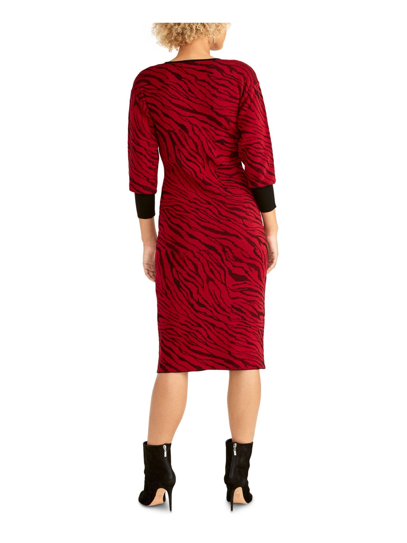 RACHEL ROY Womens Red Animal Print Long Sleeve V Neck Below The Knee Sheath Dress XS