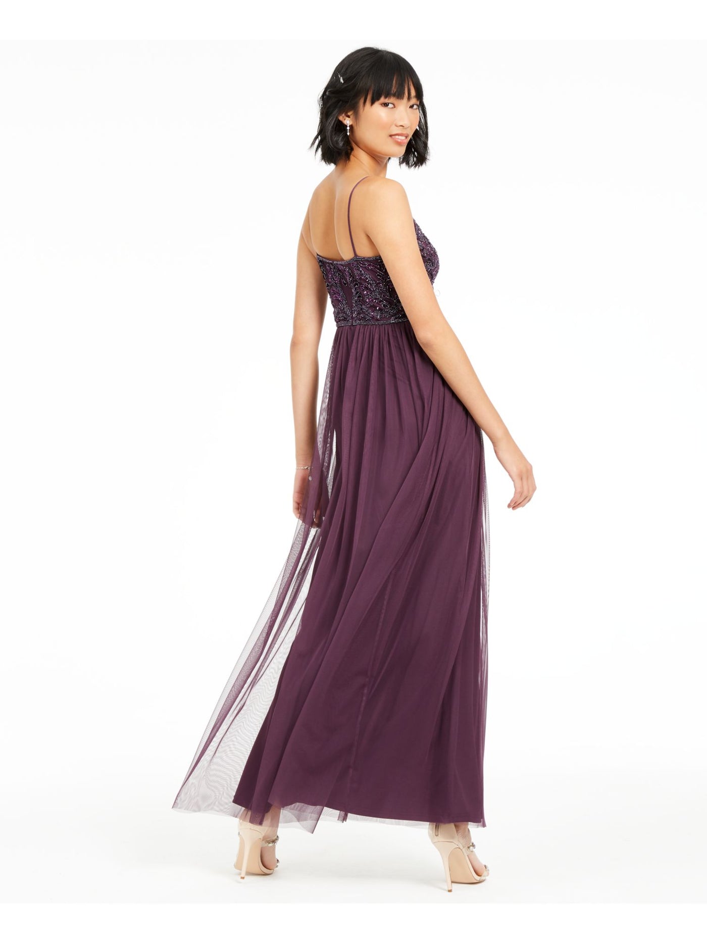 ADRIANNA PAPELL Womens Purple Sheer Zippered Spaghetti Strap Scoop Neck Maxi Evening Fit + Flare Dress 18