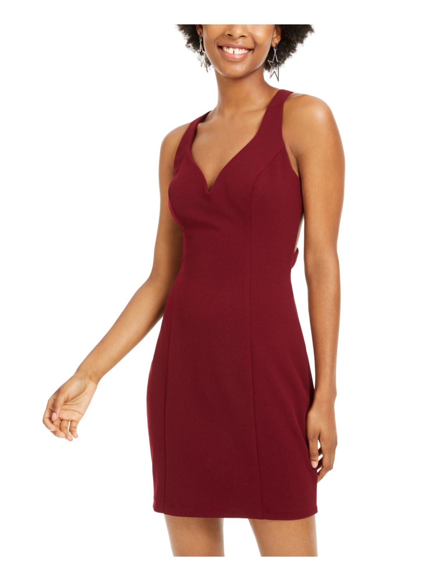 B Darlin Womens Burgundy Zippered Strappy Back Sleeveless V Neck Short Cocktail Sheath Dress 3