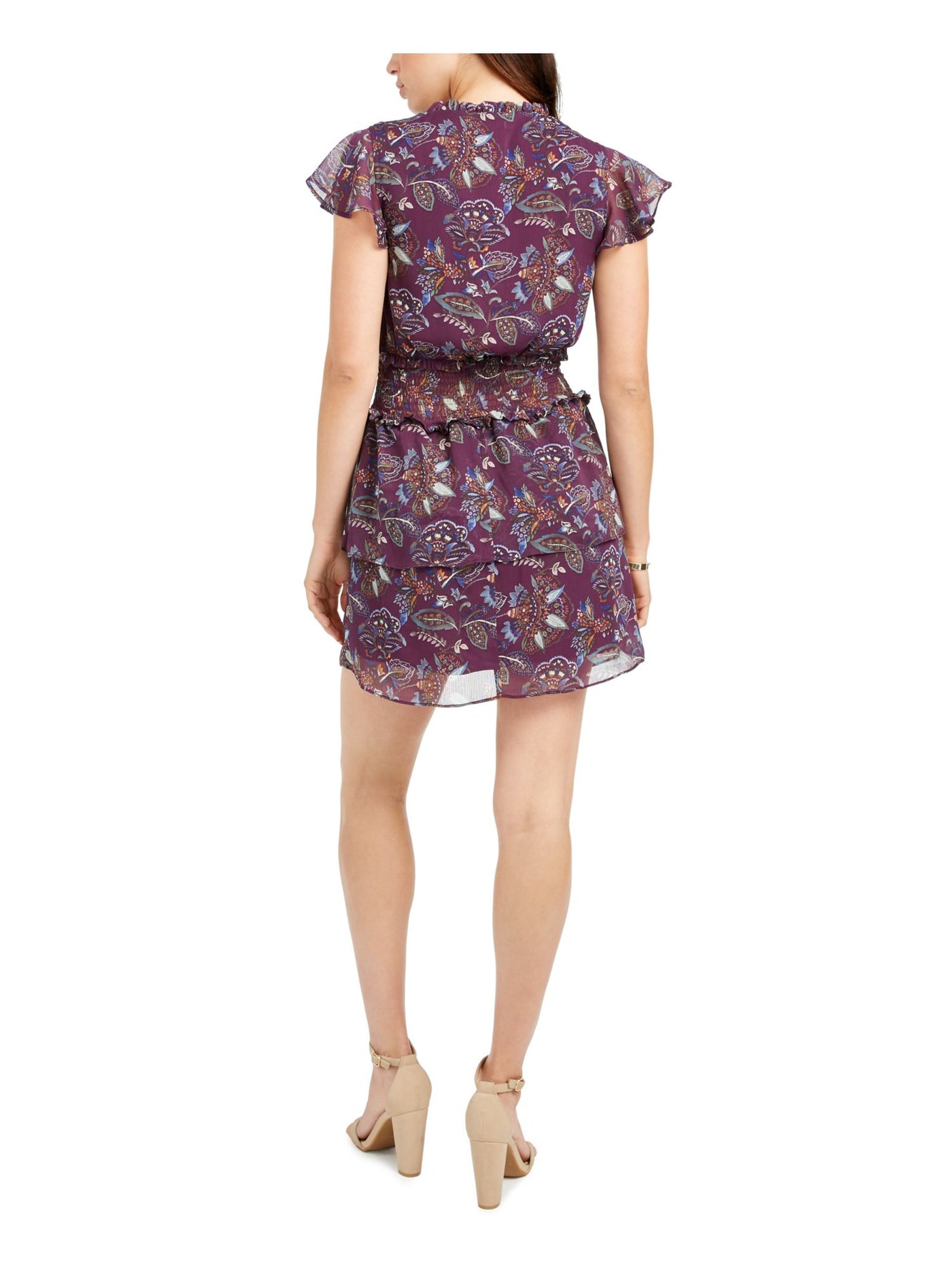 Q+A Los Angeles Womens Purple Ruffled Floral Short Sleeve V Neck Short Wrap Dress S