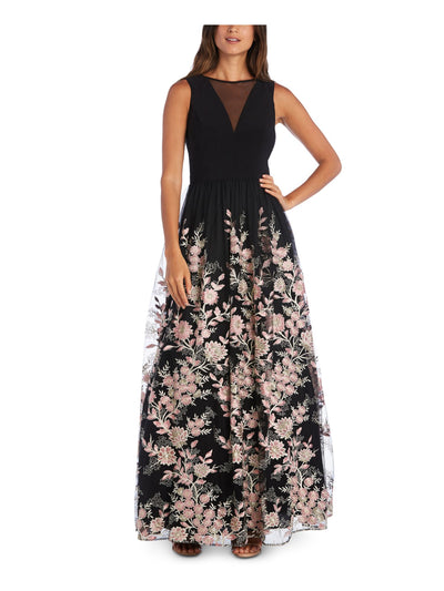 MORGAN & CO Womens Black Sheer Floral Sleeveless Illusion Neckline Full-Length Formal Fit + Flare Dress Juniors 1