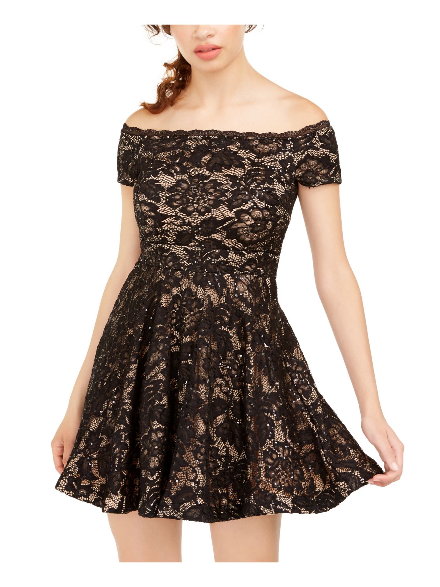 b darlin lace dress B Darlin Womens Black Lace Sequined Off Shoulder Short Party Fit + Flare Dress 1