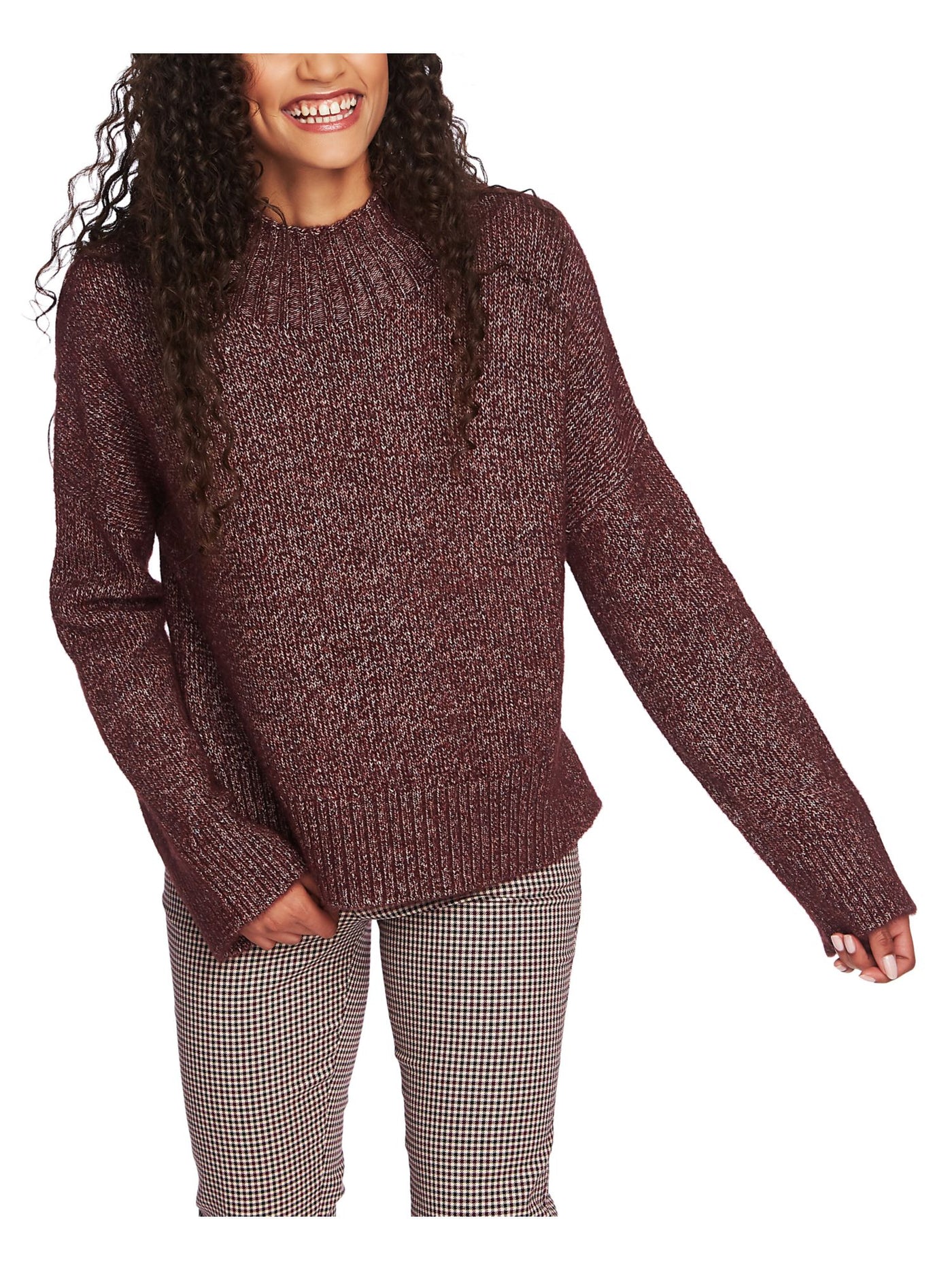1. STATE Womens Burgundy Textured Ribbed Long Sleeve Turtle Neck Sweater S