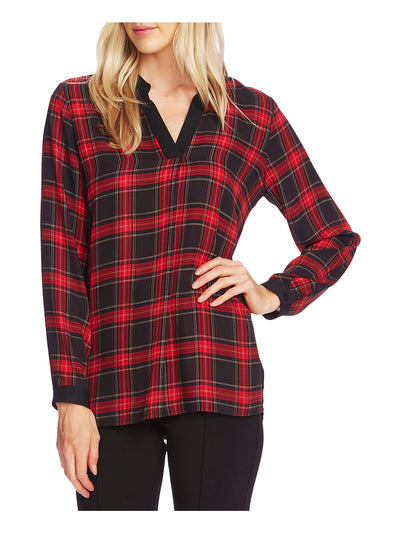 VINCE CAMUTO Womens Red Plaid Long Sleeve V Neck Blouse XXS