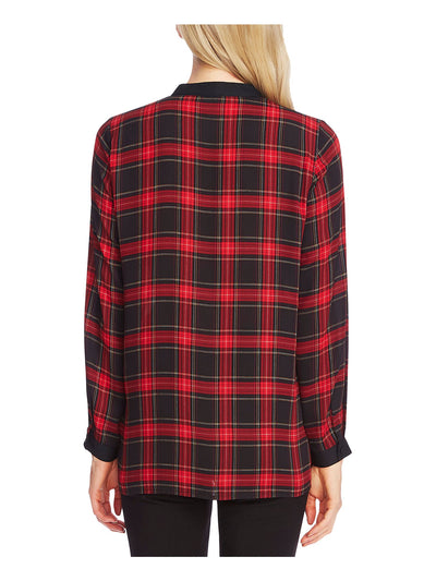 VINCE CAMUTO Womens Red Plaid Long Sleeve V Neck Blouse XXS