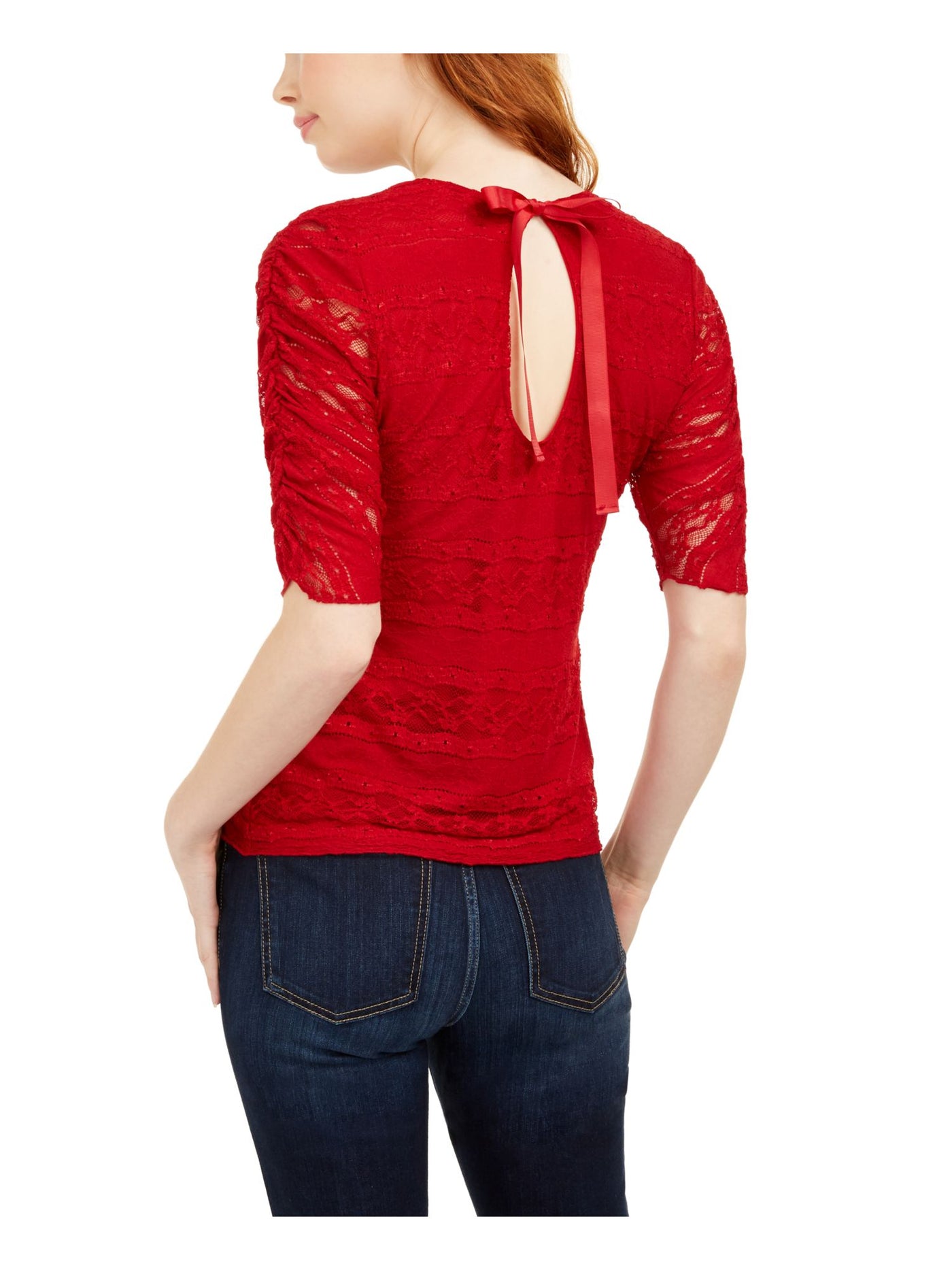 AMERICAN RAG Womens Red Lace Tie-back Ruched-sleeve Round Neck Blouse Juniors M
