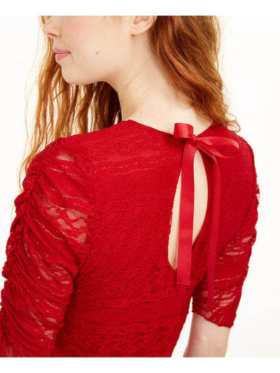 AMERICAN RAG Womens Red Lace Tie-back Ruched-sleeve Round Neck Blouse Juniors M
