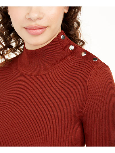 ALMOST FAMOUS Womens Brown Fitted Snap-detail Ribbed Long Sleeve Mock Neck Sweater Juniors M