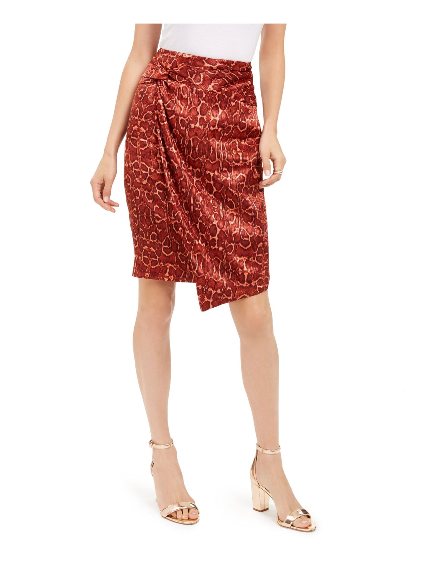 INC Womens Orange Zippered Twist Front Animal Print Knee Length Wear To Work Faux Wrap Skirt 8