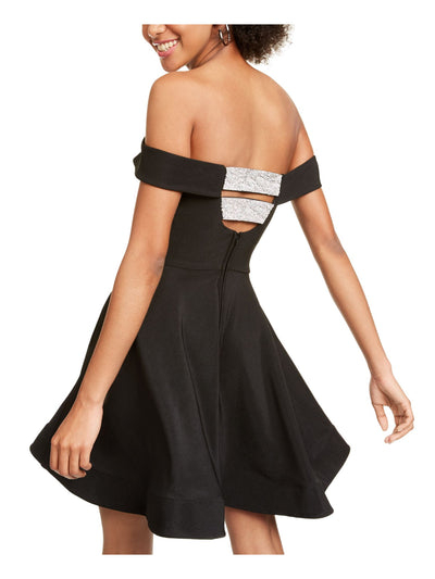 CRYSTAL DOLLS Womens Black Embellished Sleeveless Off Shoulder Above The Knee Formal Fit + Flare Dress Juniors XL