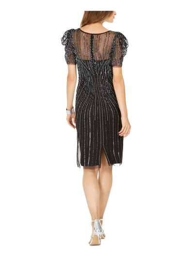 ADRIANNA PAPELL Womens Black Beaded Sequined Illusion Neckline Above The Knee Cocktail Sheath Dress 0