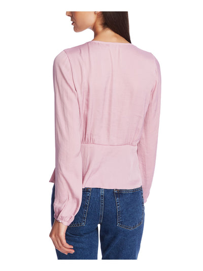 1. STATE Womens Pink Buttoned Long Sleeve V Neck Blouse Juniors Size: XXS