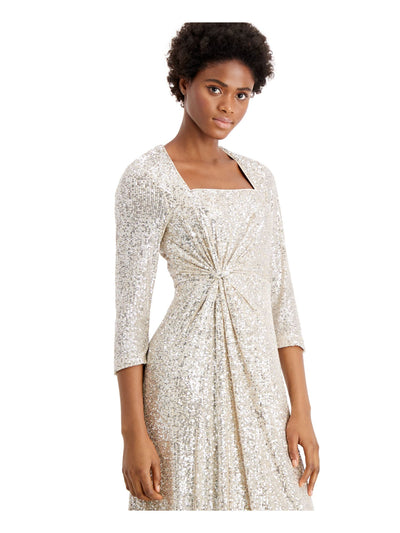 CALVIN KLEIN Womens Beige Sequined 3/4 Sleeve Square Neck Full-Length Evening Fit + Flare Dress 2
