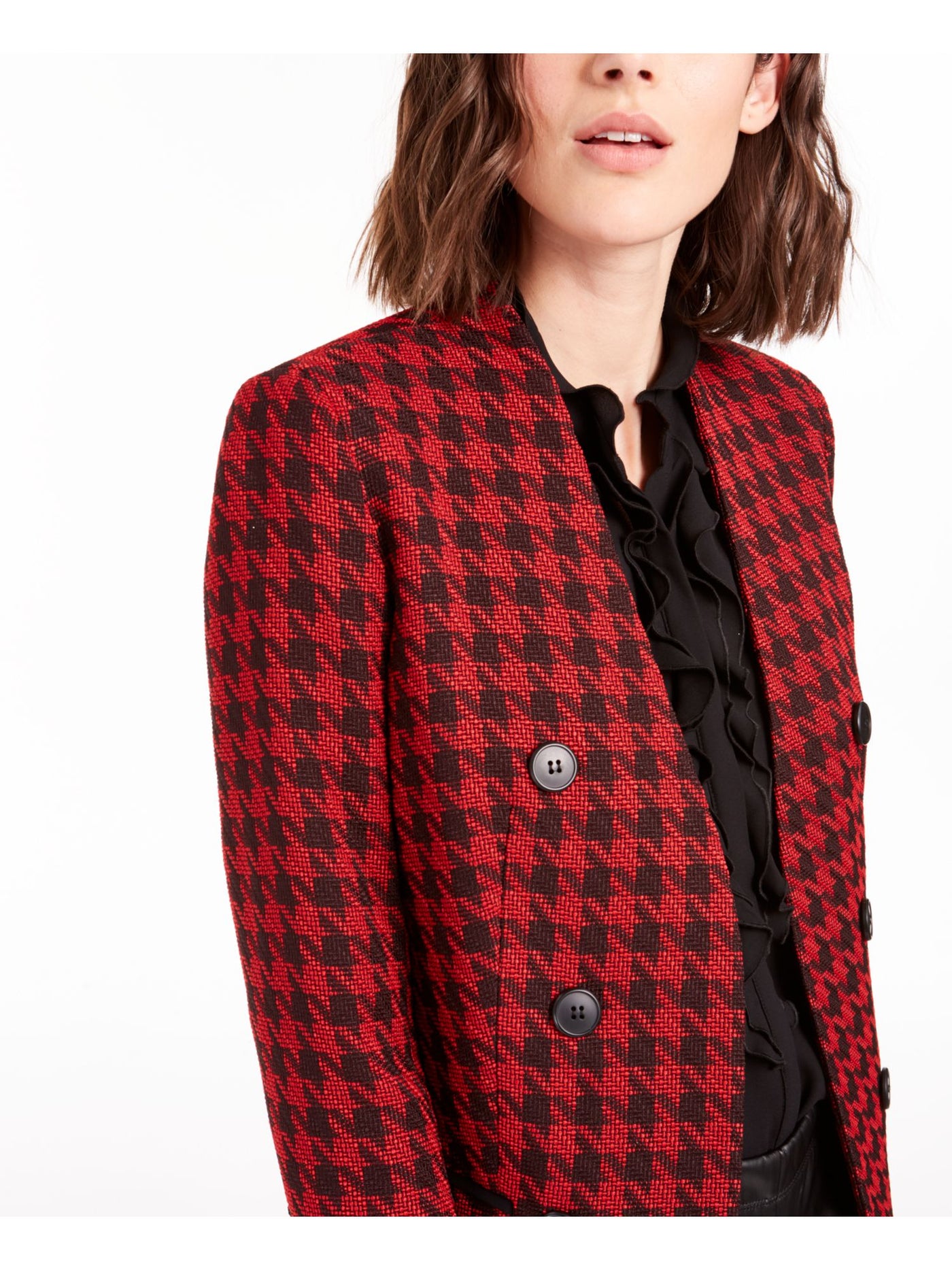 BAR III Womens Black Collarless Double-breasted Houndstooth Evening Blazer Jacket 6
