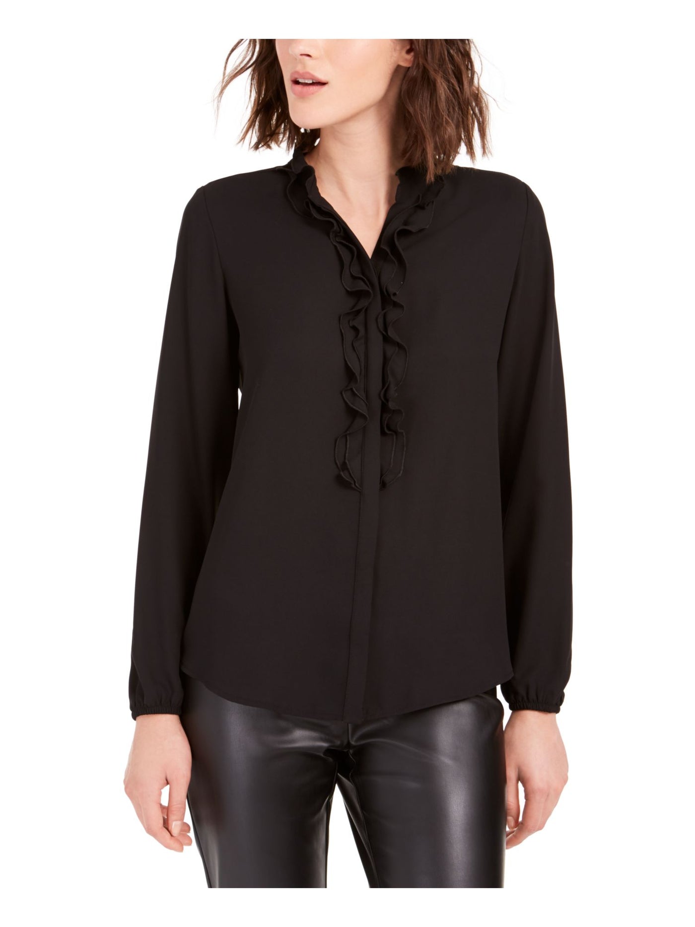 BAR III Womens Black Ruffled Sheer Long Sleeve Evening Button Up Top XXS