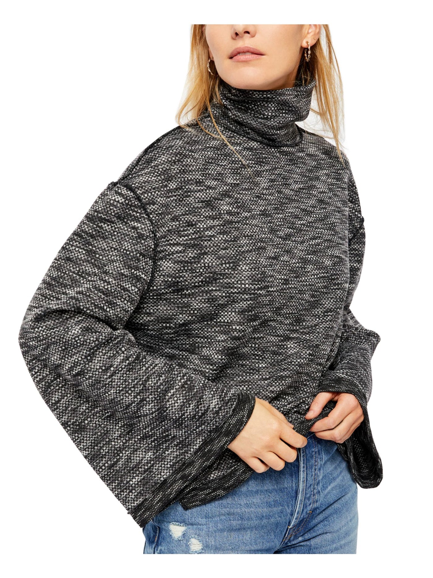 WE THE FREE Womens Black Houndstooth Bell Sleeve Cowl Neck Sweater XS