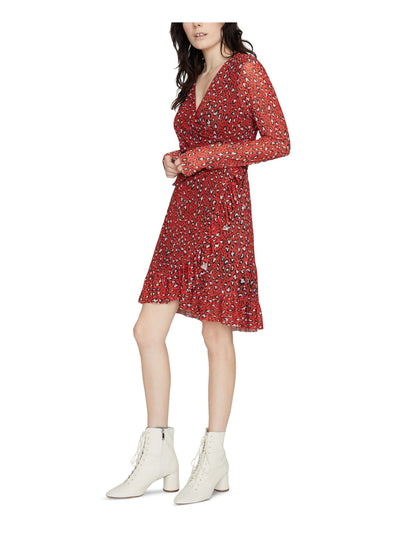 SANCTUARY Womens Red Animal Print Long Sleeve Knee Length Wrap Dress S