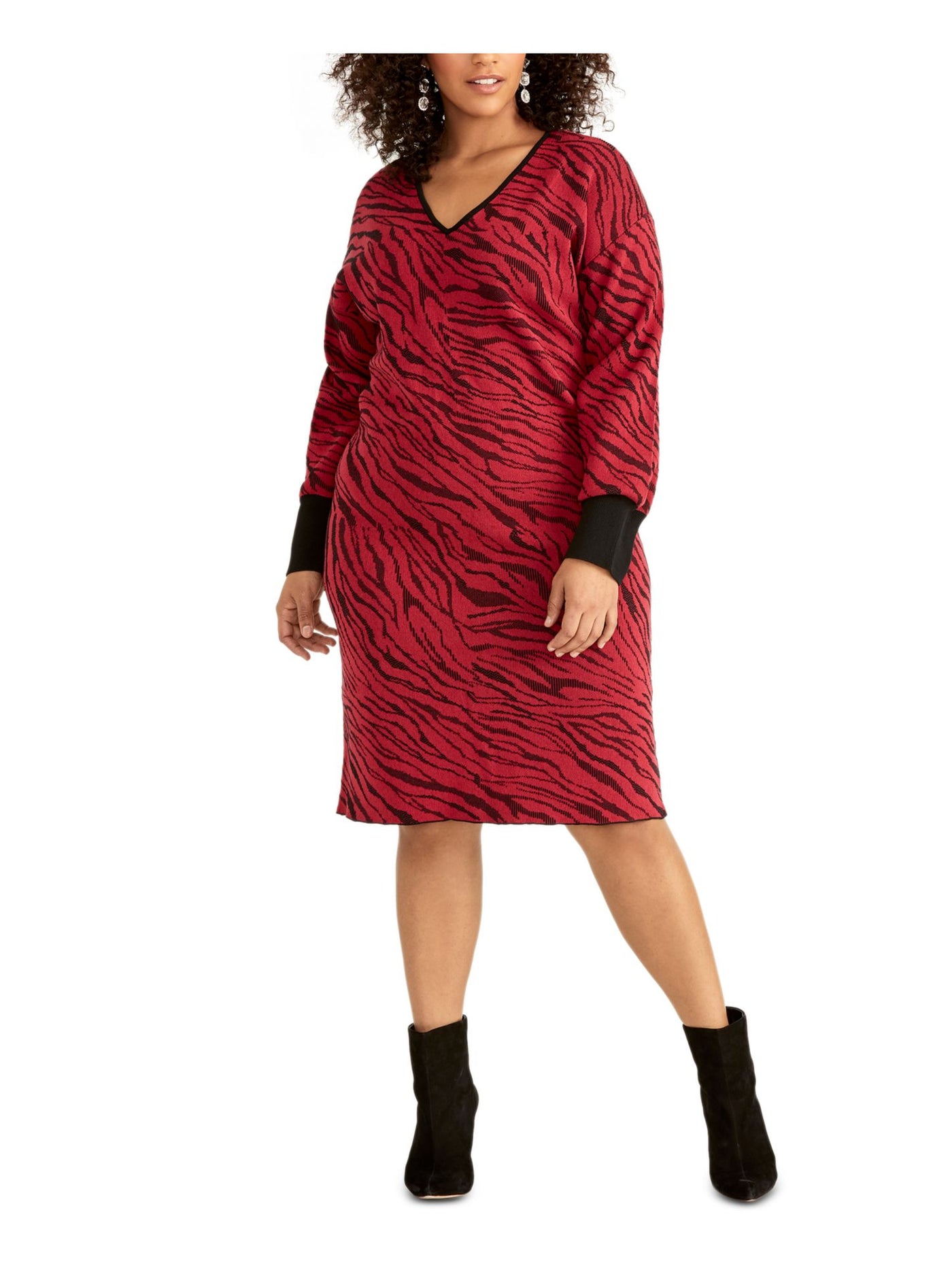 RACHEL RACHEL ROY Womens Red Patterned Long Sleeve V Neck Below The Knee Fit + Flare Dress Plus 2X