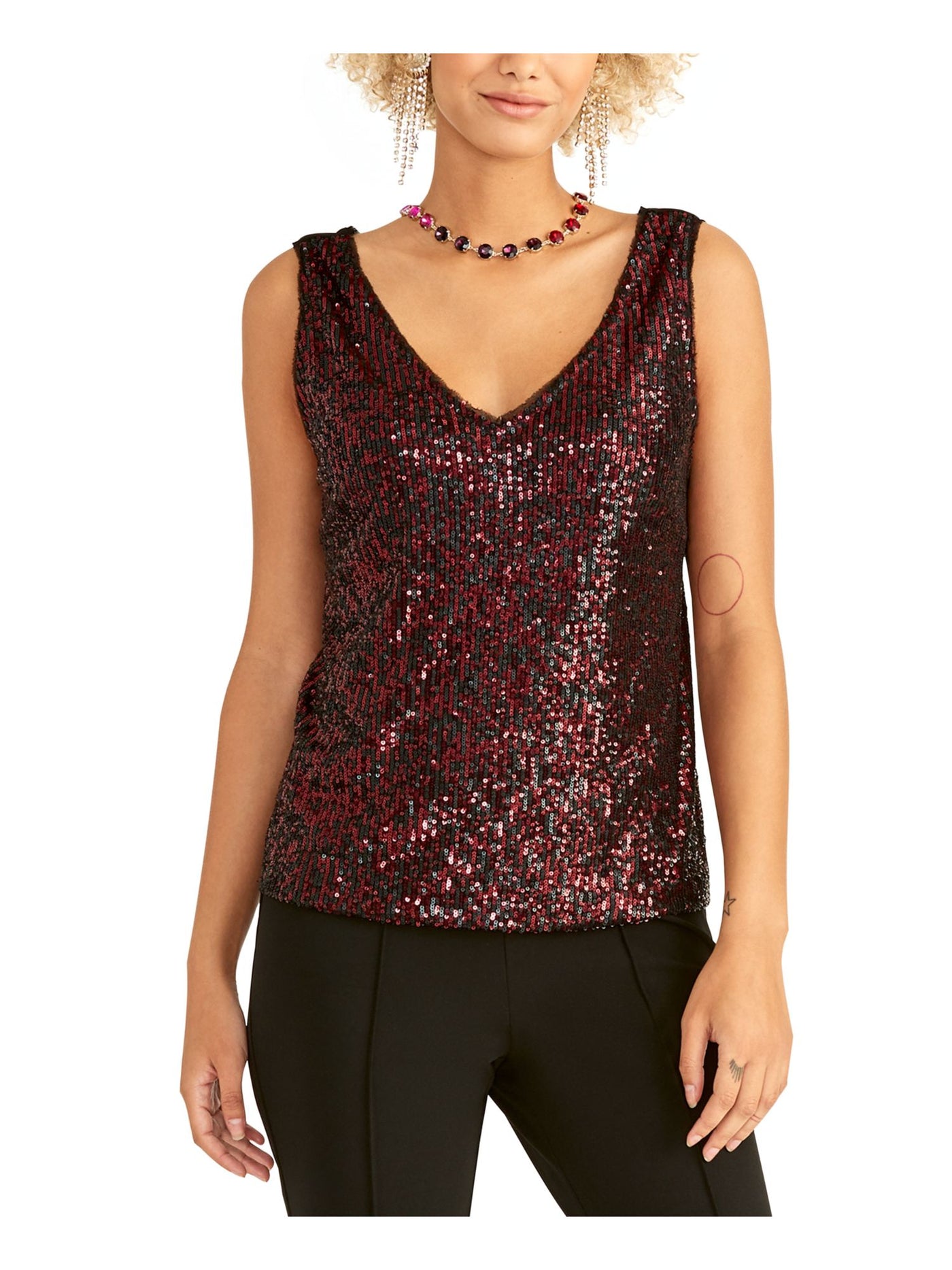 RACHEL ROY Womens Red Sequined Sleeveless V Neck Top Size: XS