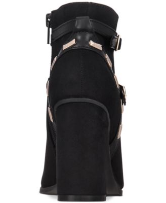 THALIA SODI Womens Black Buckle Accent Studded Terrie Round Toe Block Heel Zip-Up Booties