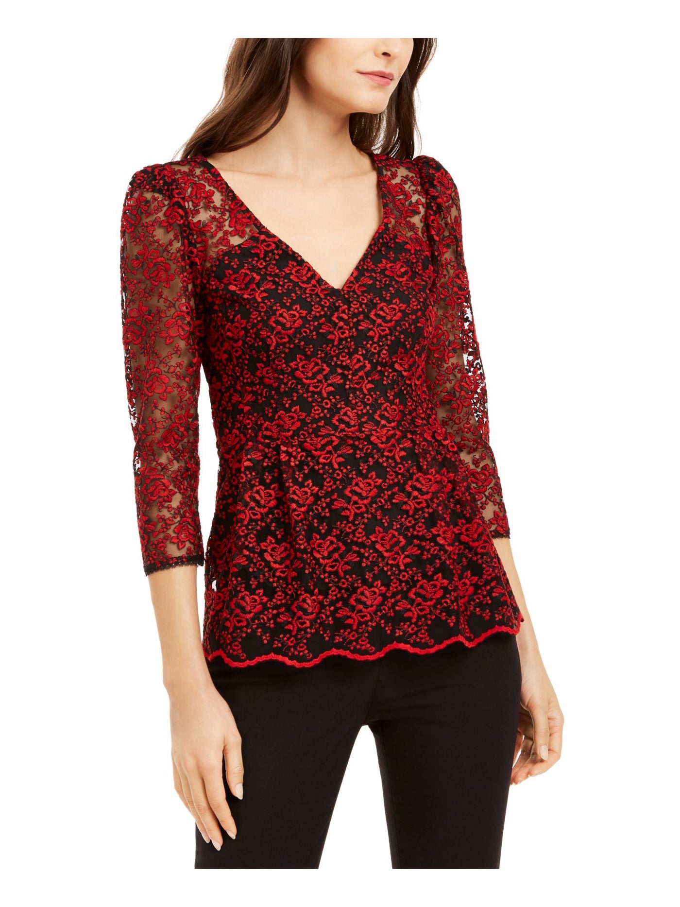 NANETTE LEPORE Womens Red Sheer Floral 3/4 Sleeve V Neck Top Size: 0