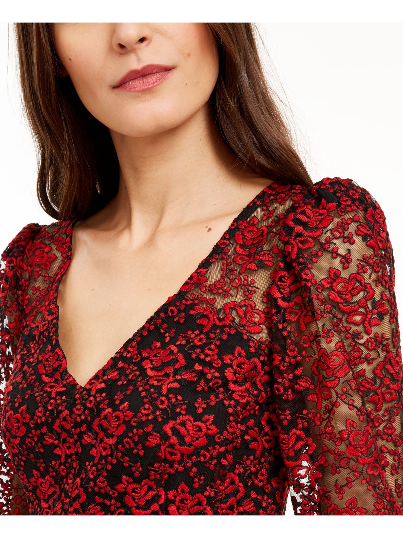 NANETTE LEPORE Womens Red Sheer Floral 3/4 Sleeve V Neck Top Size: 6