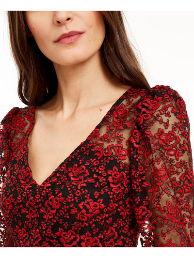 NANETTE LEPORE Womens Red Sheer Floral 3/4 Sleeve V Neck Top Size: 0