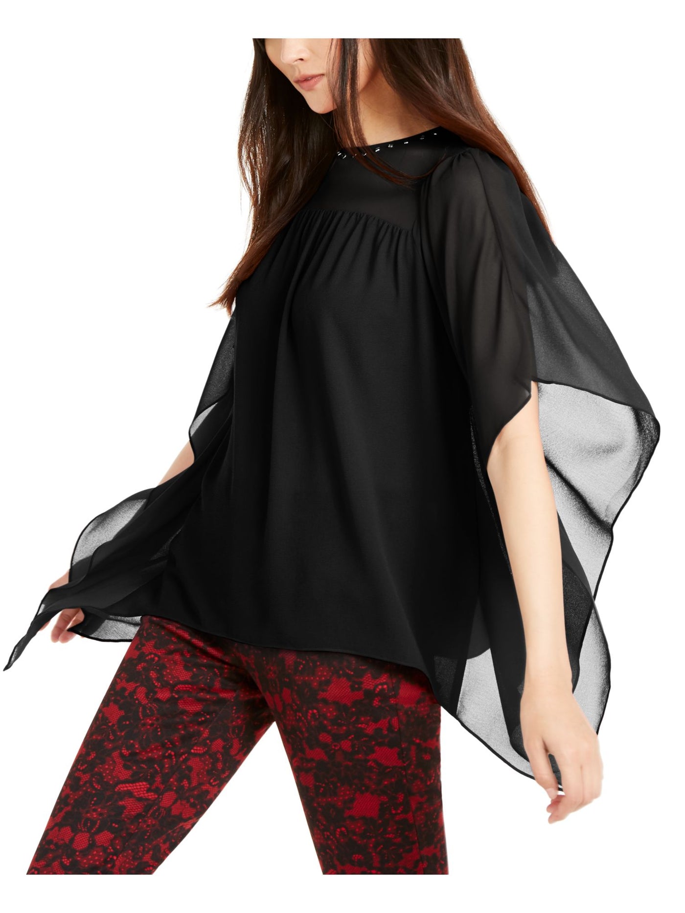 MICHAEL KORS Womens Black Embellished Sheer Bell Sleeve Jewel Neck Top XXS