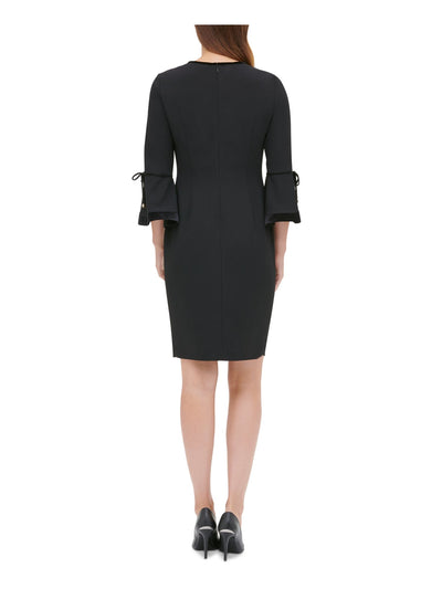 CALVIN KLEIN Womens Black Embellished Bell Sleeve Jewel Neck Above The Knee Evening Sheath Dress 2