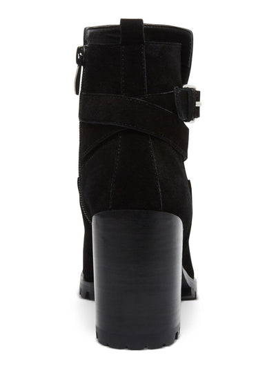 STEVEN Womens Black 3/4" Platform Adjustable Strap Cushioned Lug Sole Water Resistant Isra Round Toe Block Heel Zip-Up Leather Booties 5 M