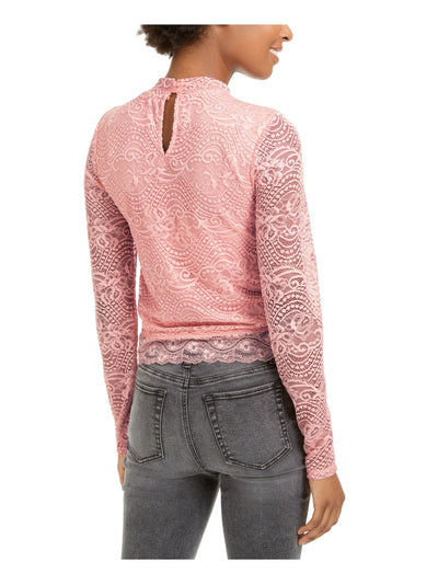 CRAVE FAME Womens Pink Lace Long Sleeve Crew Neck Top Juniors XS