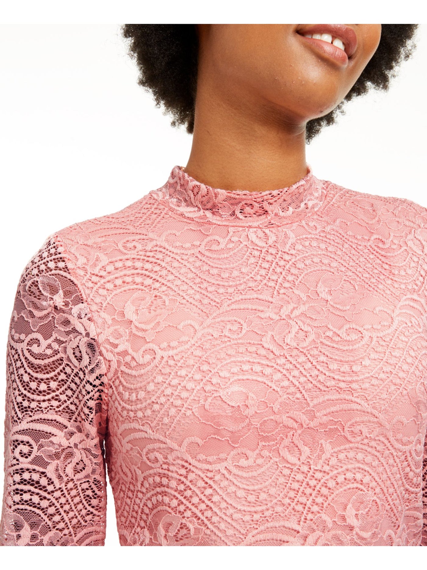 CRAVE FAME Womens Pink Lace Long Sleeve Crew Neck Top Juniors XS