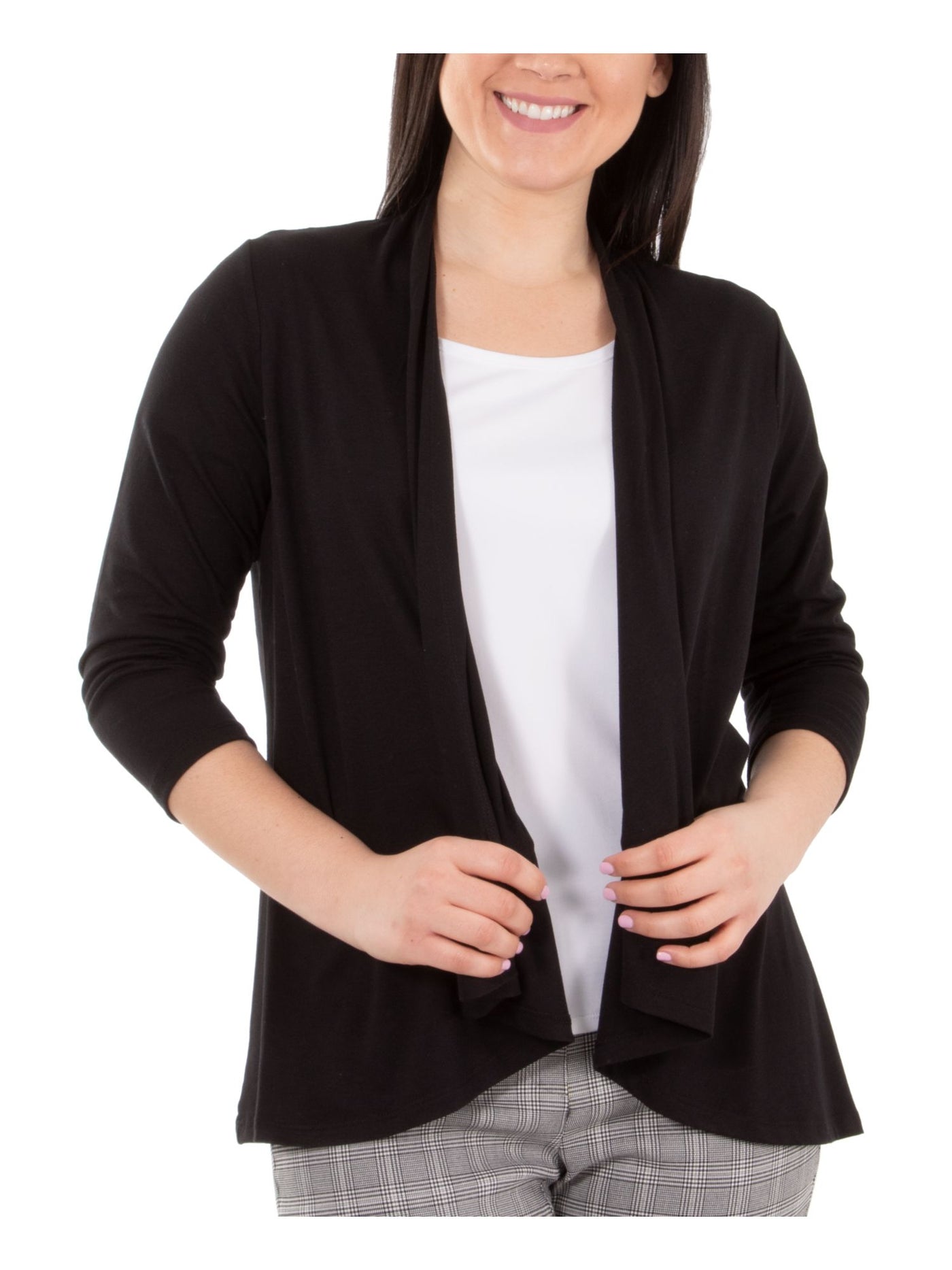 NY COLLECTION Womens Black Stretch 3/4 Sleeve Open Cardigan Top Petites PL