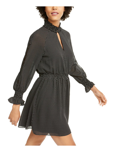 RACHEL ROY Womens Black Polka Dot Long Sleeve Keyhole Short Fit + Flare Dress M