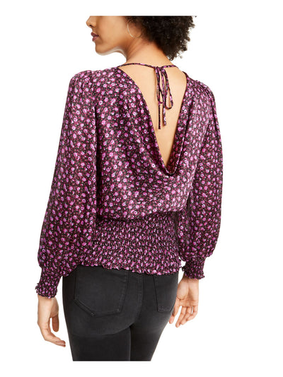 LEYDEN Womens Purple Floral Long Sleeve Surplice Neckline Tunic Party Top Juniors Size: XS