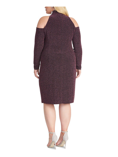 RACHEL RACHEL ROY Womens Purple Glitter Cold Shoulder Long Sleeve Halter Below The Knee Formal Sheath Dress Plus 20W