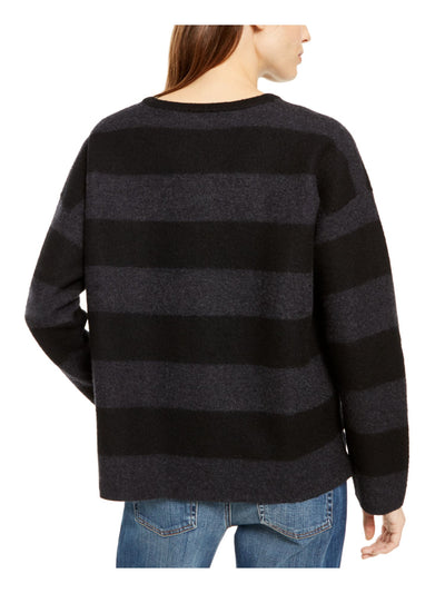 EILEEN FISHER Womens Black Wool Blend Striped Long Sleeve Jewel Neck Sweater L