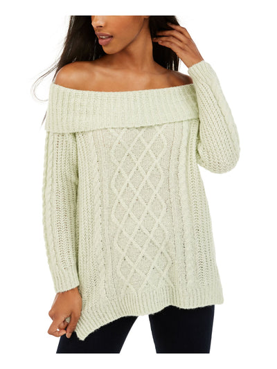 NO COMMENT Green Off-the-Shoulder Slouchy Cable Knit Metallic Sweater Juniors L