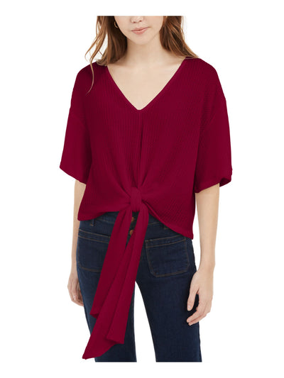 MMXII Womens Burgundy Tie Front Long Sleeve V Neck Top Juniors M