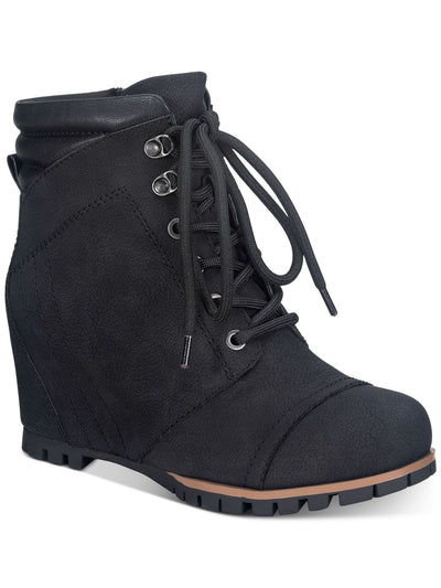 SUN STONE Womens Black Side Zip Lug Sole Cushioned Lizzie Round Toe Wedge Lace-Up Booties 9.5