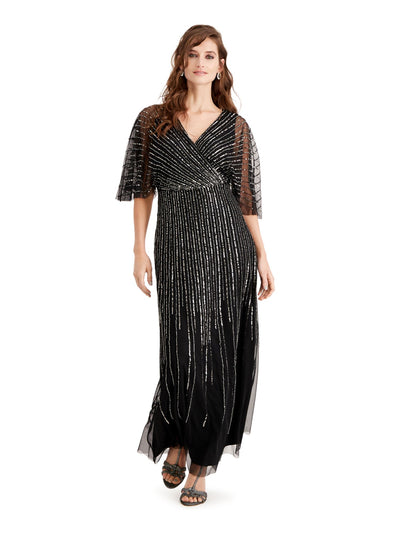 ADRIANNA PAPELL Womens Black Sequined Sheer Short Sleeve V Neck Full-Length Evening Empire Waist Dress 2