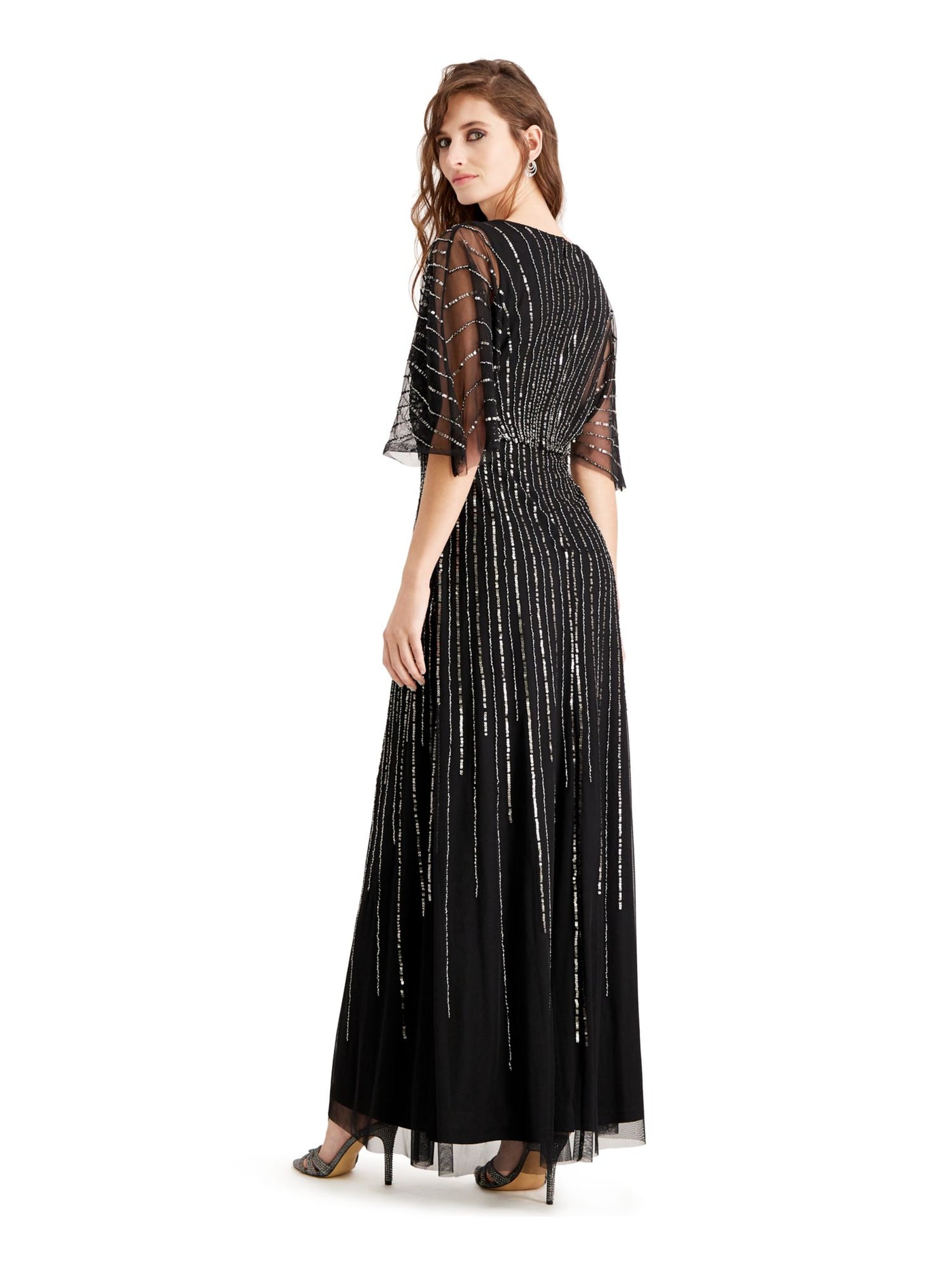 ADRIANNA PAPELL Womens Black Sequined Sheer Short Sleeve V Neck Full-Length Evening Empire Waist Dress 2
